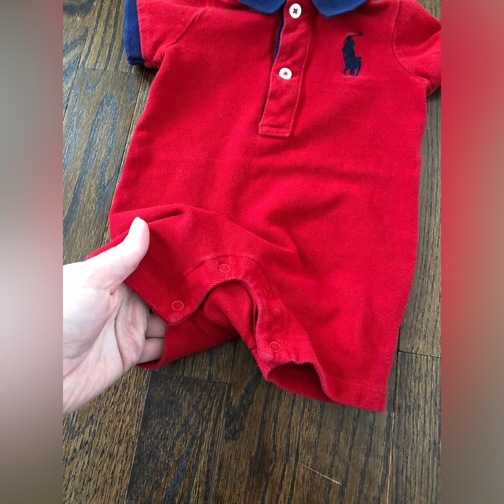 Ralph Lauren Boys 3M Red/Blue Polo Collared Short-Sleeved Romper w/Embroidery - Picture 4 of 10